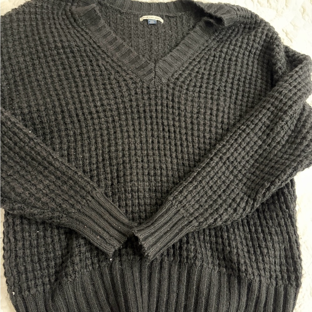 American Eagle Outfitters Black V-Neck Waffle Knit Sweater